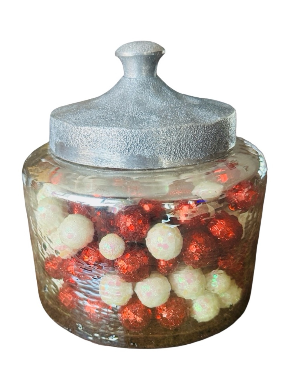 IMAX Round Glass Canister Jar 6.5” Green Luster Hammered Nickel Lid